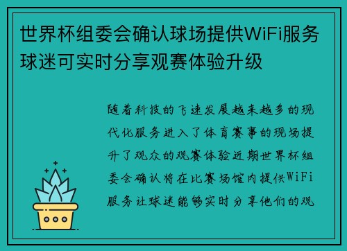世界杯组委会确认球场提供WiFi服务球迷可实时分享观赛体验升级