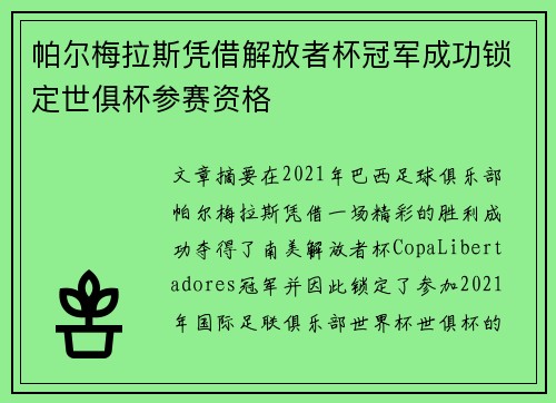帕尔梅拉斯凭借解放者杯冠军成功锁定世俱杯参赛资格