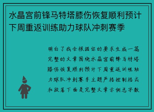 水晶宫前锋马特塔膝伤恢复顺利预计下周重返训练助力球队冲刺赛季